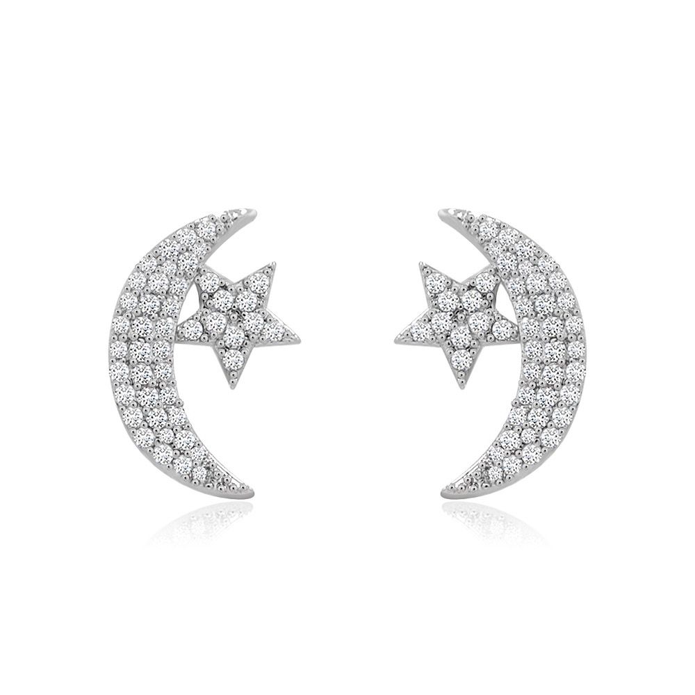 A pair of silver Moon and Star Cubic Post Earrings, model BEQ04-R-Z-01520, encrusted with sparkling white cubic zirconia stones.