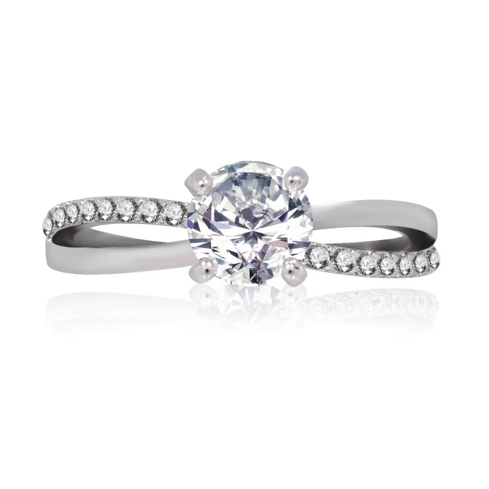 Vue de face de la bague Make It Forever, une bague en laiton plaqué rhodium présentant un zircon cubique central dans un sertissage à quatre griffes entouré d'un halo de pierres plus petites sur une bande fendue.