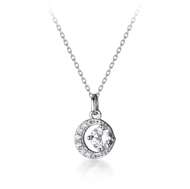 Primer plano del collar colgante redondo Halo de plata esterlina 925, mostrando el zirconia cúbico central rodeado de un halo brillante de piedras más pequeñas.