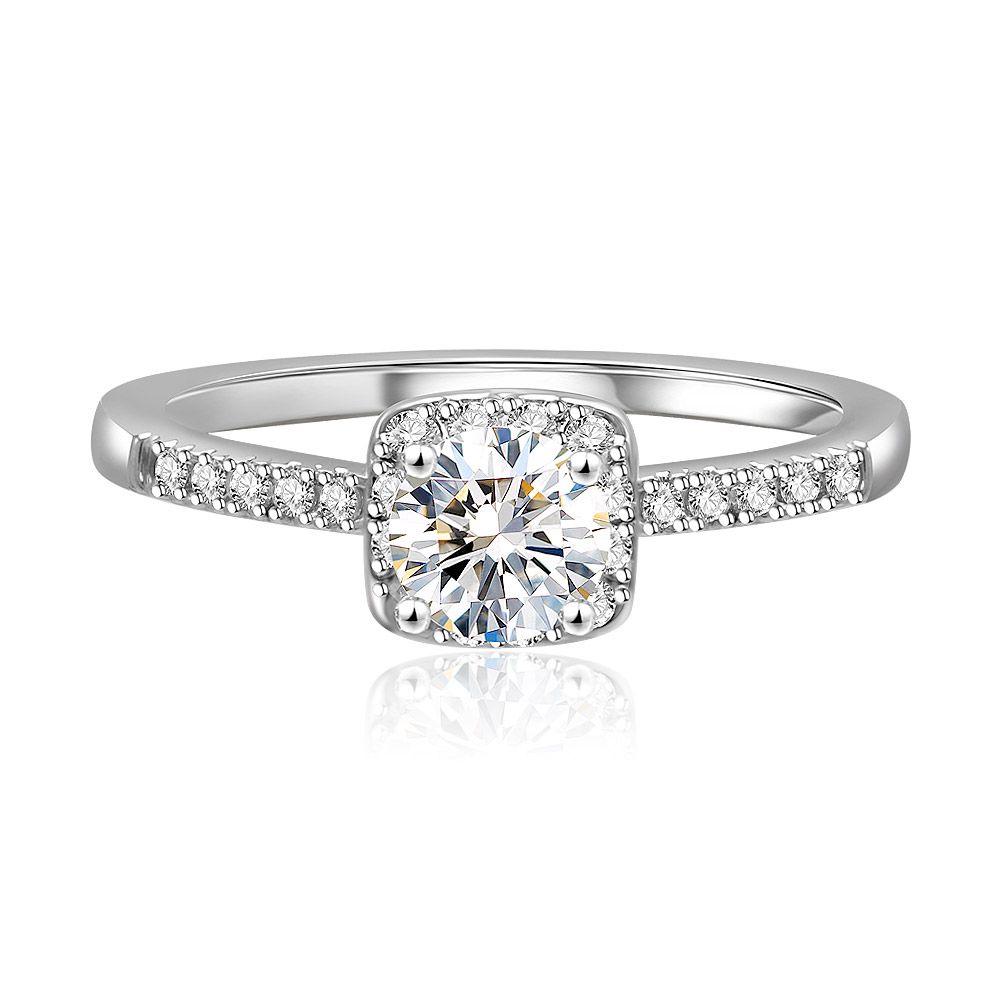 Front view of the Elegance Square CZ Tower Ring, showcasing its central square-set cubic zirconia surrounded by smaller stones on a rhodium-plated brass band.