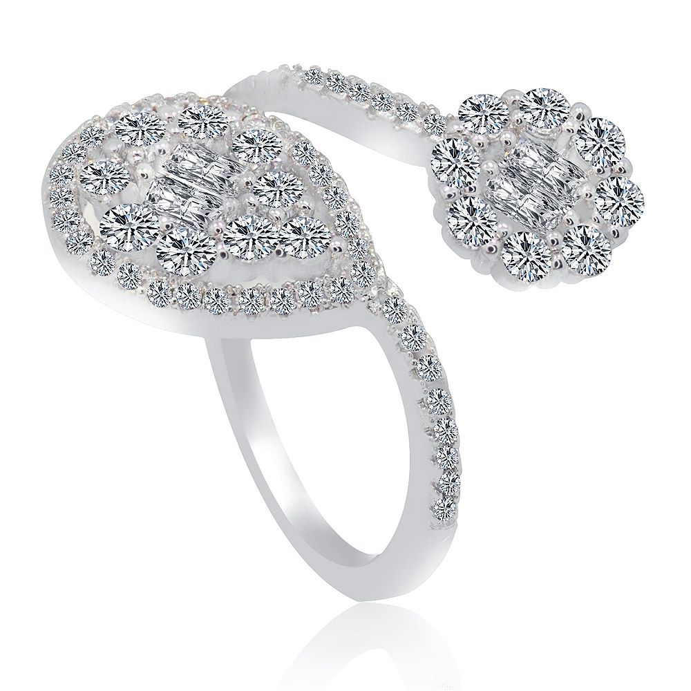 Close-up product shot of the Sparkle Say Yes Ring, an intricate cubic zirconia engagement ring with rhodium plating, showcasing its brilliant stones and detailed design.