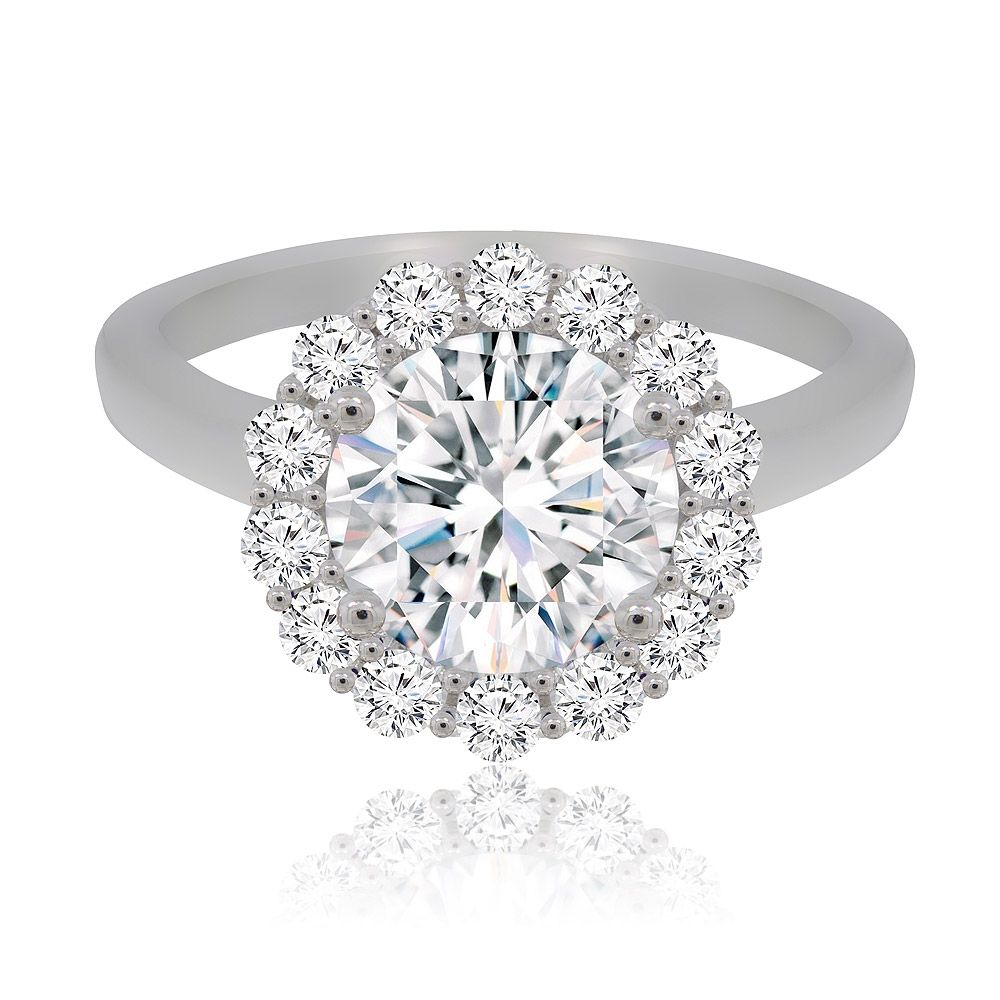 Vooraanzicht van de Floral Clear CZ-ring van 925 sterling zilver, met de nadruk op de centrale 8 mm zirkonia in een bloemenhalo-setting.