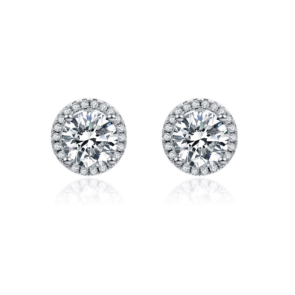 Arete de botón de CZ con un brillante zirconia cúbica de corte redondo en un engaste de halo, acabado chapado en rodio.