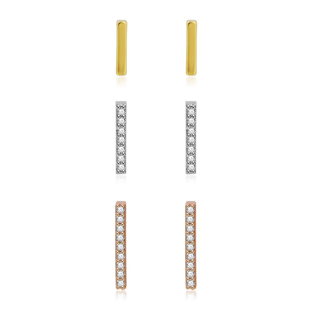 A set of three-tone bar stud earrings in rhodium, gold, and rose gold plating, each adorned with sparkling cubic zirconia.
