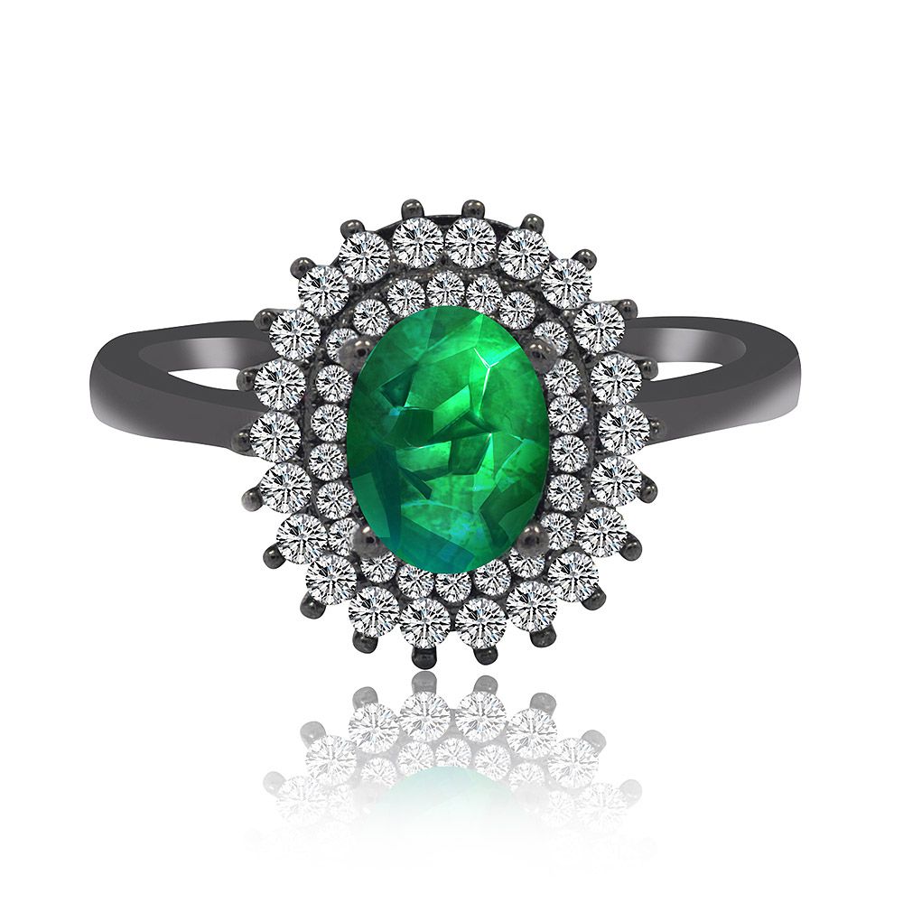 Framifrån vy av den Gröna Opal Runda Nutida Ringen, med en stor oval grön ädelsten omgiven av en halo av vit kubisk zirkonia på en hematitbelagd band.