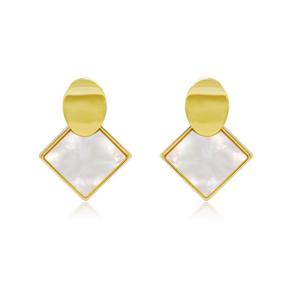 A pair of Resin Sea Shell Earrings featuring a gold-plated brass setting with a white resin shell design, showcasing a circular top and a dangling shell-like shape.