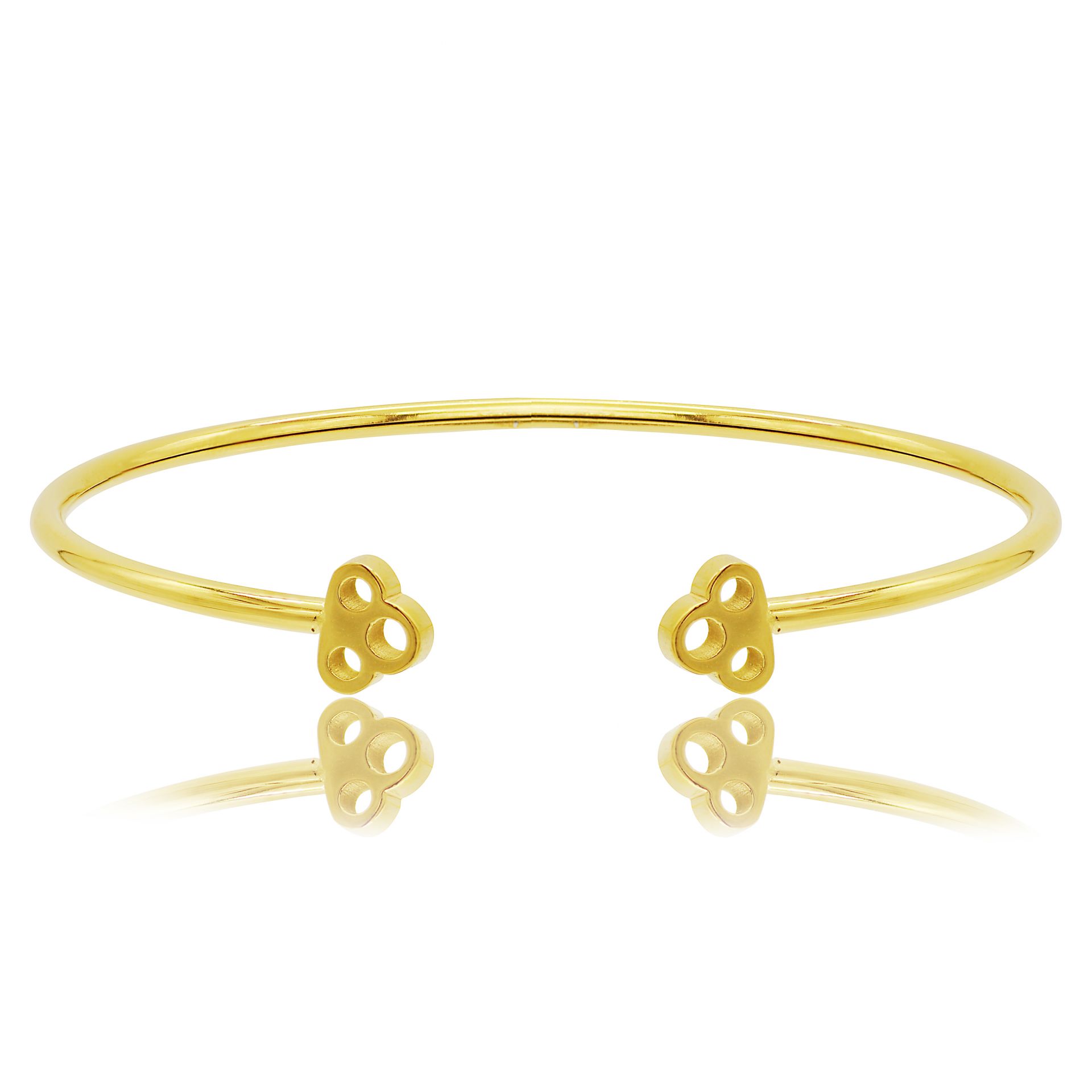 A close-up of the Dog Paw Open Polished Bangle in gold-plated brass, showcasing its shiny finish and unique design details. A perfect accessory for wholesale jewelry collections.