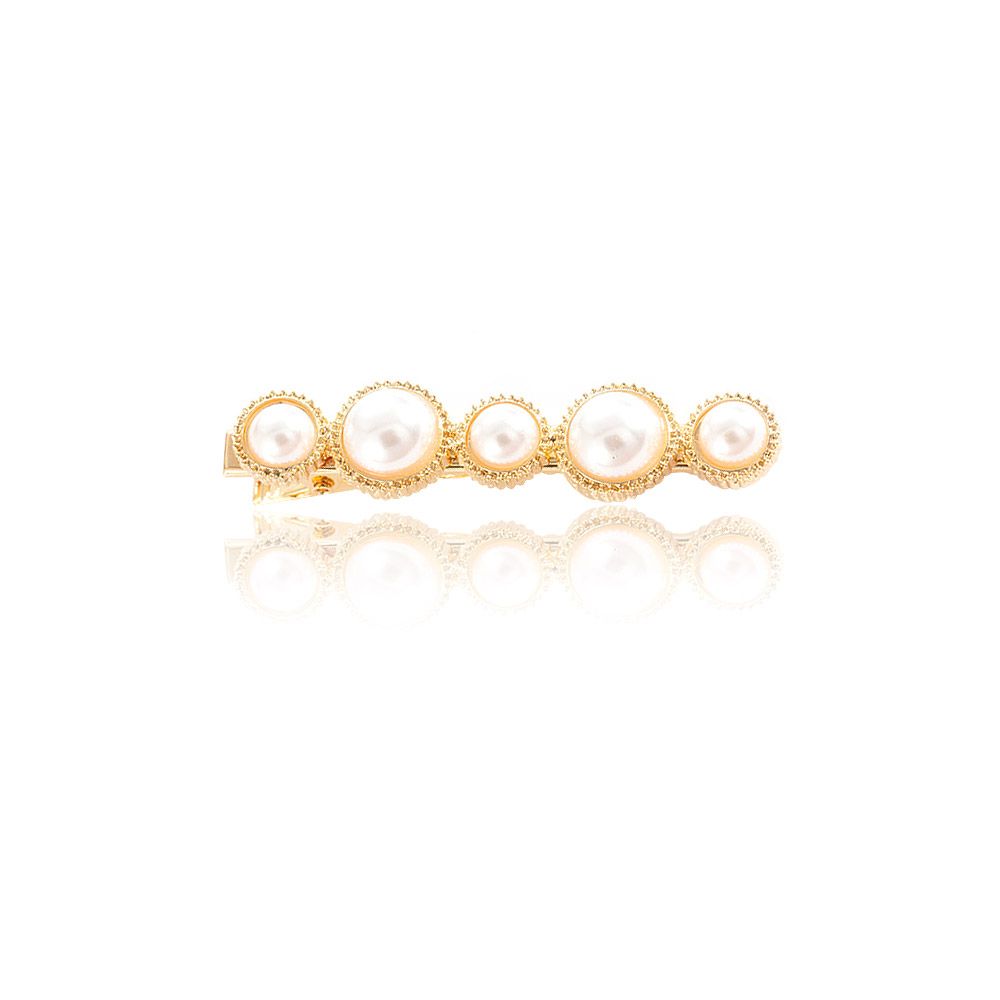 A stylish gold hair clip barrette featuring five elegant faux pearls, perfect for women's hair accessories.