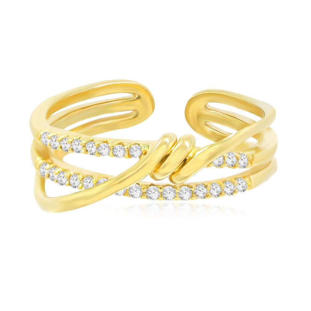 A close-up of the Gold Filled Zirconia Adjustable Ring, showcasing its intertwined design with sparkling cubic zirconia stones and shiny 14K gold plating.
