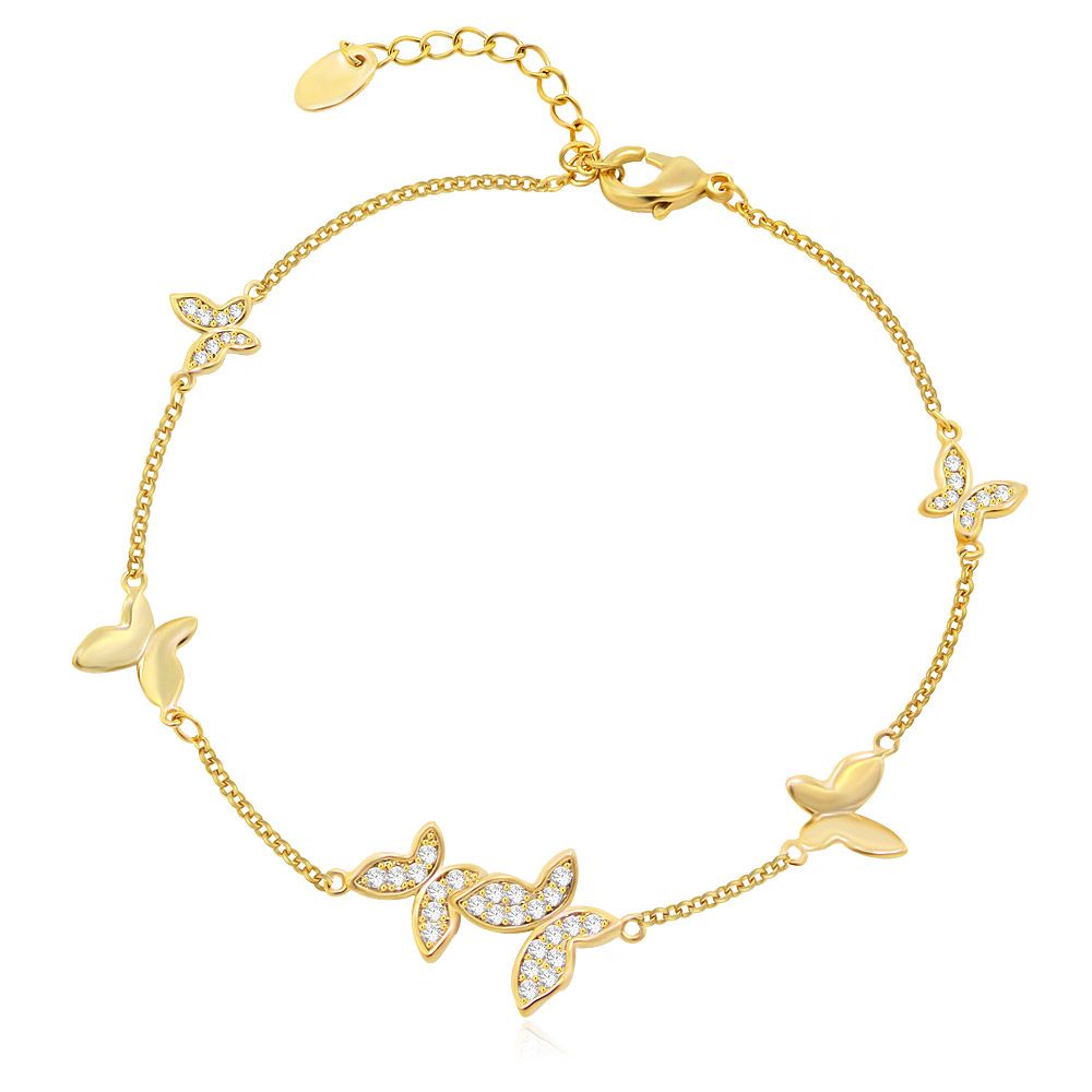 A delicate gold-plated Butterfly Charm Bracelet featuring sparkling clear cubic zirconia stone accents on the butterfly charm.