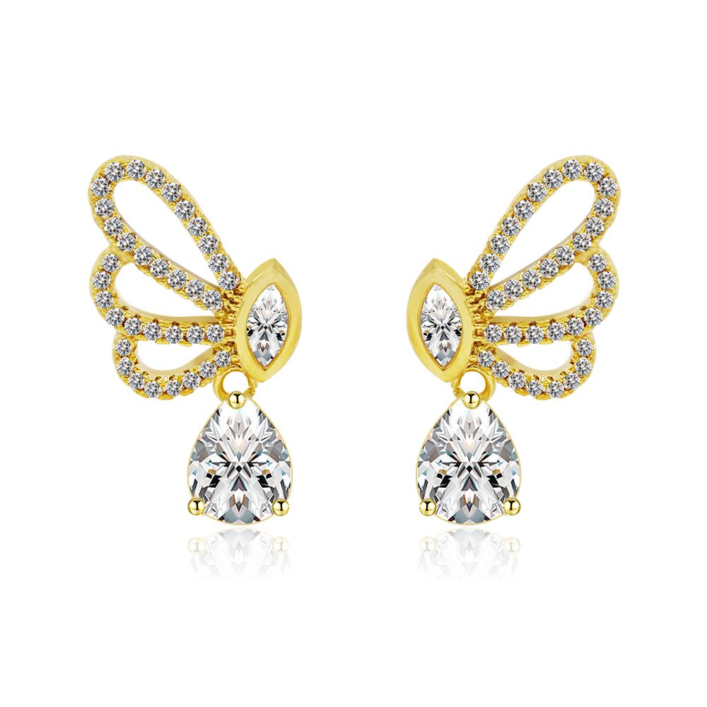 A close-up of the Tear Drop CZ Butterfly Dangle Studs, showcasing the intricate gold-plated butterfly design with marquise and pear-shaped white cubic zirconia stones.