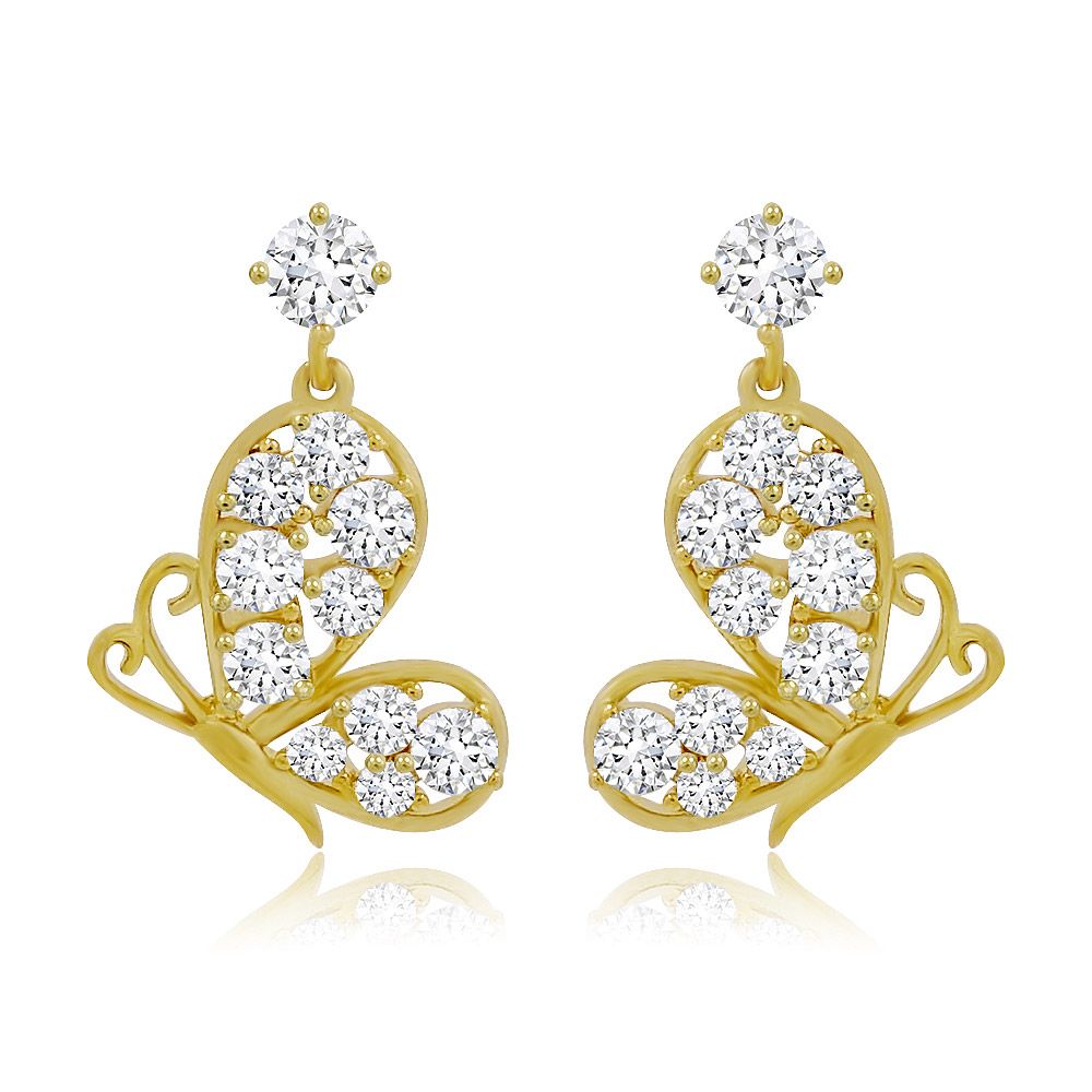 A close-up of the Cubic Butterfly Dangle Earrings, showcasing the intricate gold-plated butterfly design adorned with sparkling white cubic zirconia stones.