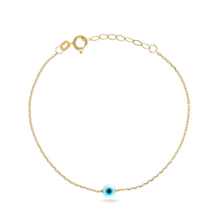 A stunning 925 Sterling Silver Evil Eye Bracelet with a vibrant blue resin charm on a delicate gold-plated chain, offered by JR Fashion Accessories.