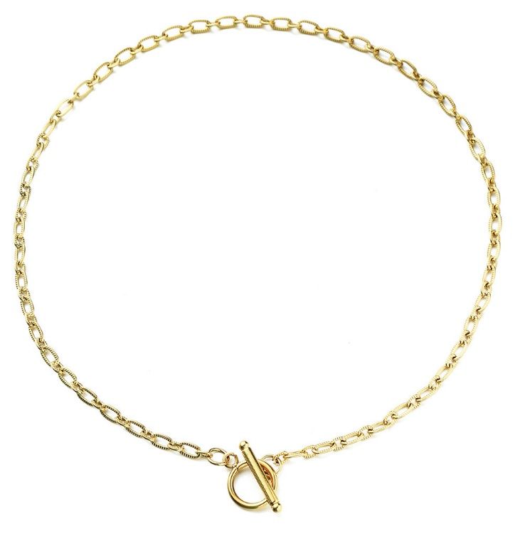 A stylish gold-plated toggle pendant necklace made of durable stainless steel, showcasing its polished finish and unique clasp.