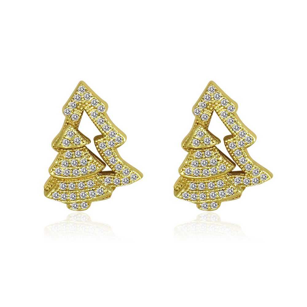 A pair of gold Christmas tree stud earrings, intricately detailed and encrusted with sparkling white cubic zirconia stones, displayed on a clean white background.