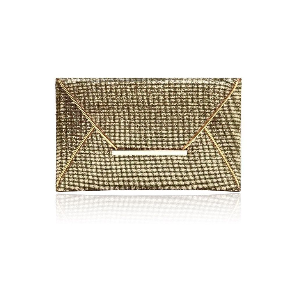 Un sac à main de soirée en or pailleté élégant avec un design texturé unique et de magnifiques accents en métal doré.