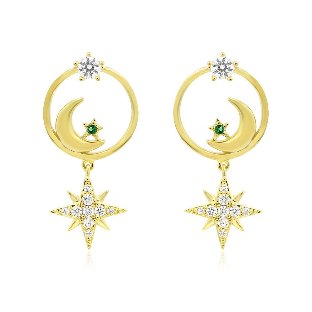 Orecchini a goccia Moon Star Drop con un design di luna crescente dorata e esplosione di stelle, dettagliati con pietre di zirconia cubica bianche e peridoto.