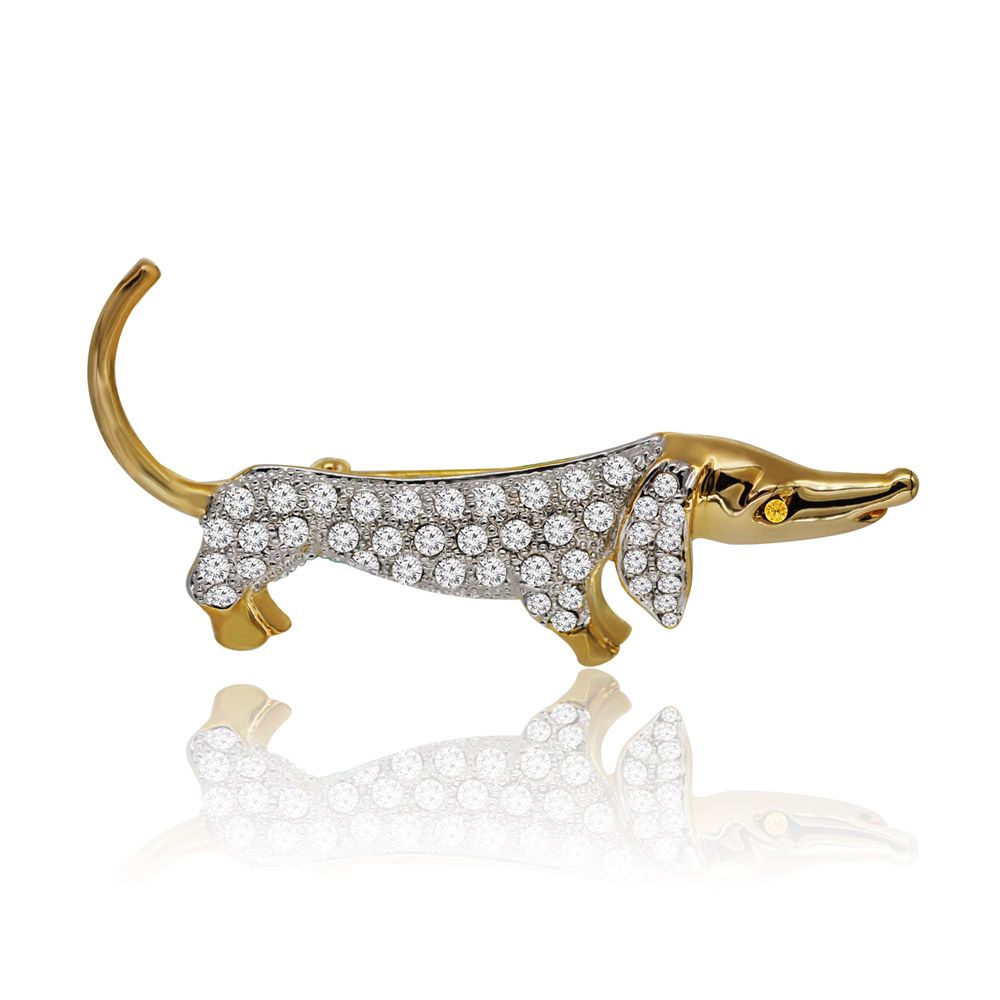 Front view of the Sparkling Crystal Dachshund Dog Brooch (JRB-012), showcasing its detailed gold-tone design and sparkling crystal embellishments.