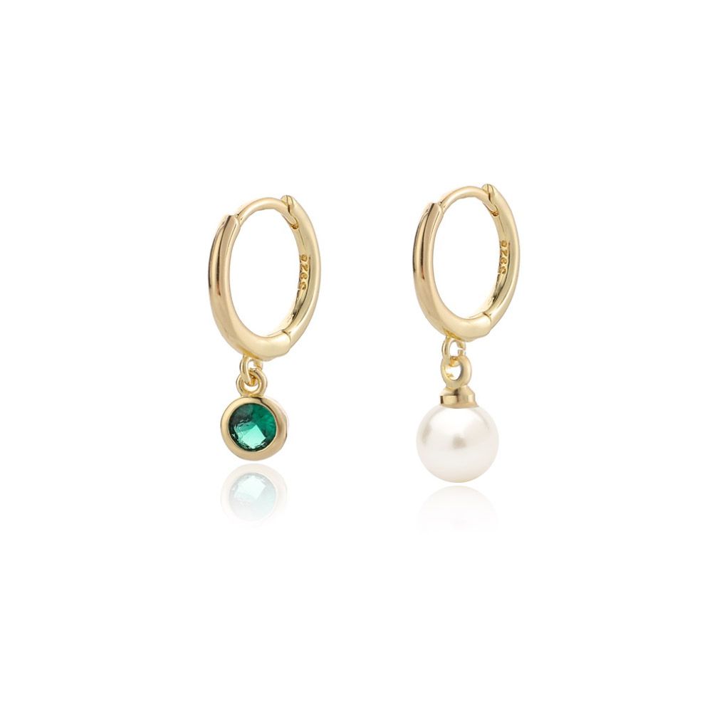 A pair of Pearl and Green Simulated Emerald Huggie Hoop earrings, featuring one with a green gemstone and the other with a white pearl.