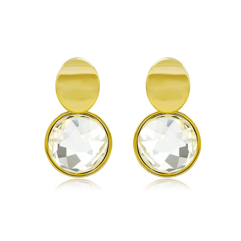 A pair of Crystal Color Faceted Glass Earrings featuring a highly polished gold frame and clear, sparkling crystal glass, shown against a white background.