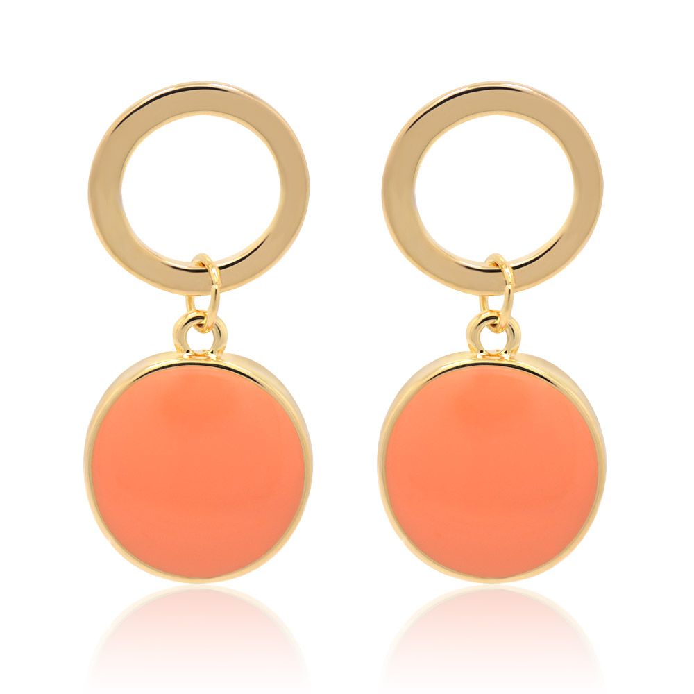 Spring Orange Enamel Round Disc Earrings, featuring gold studs with vibrant orange circular pendants.