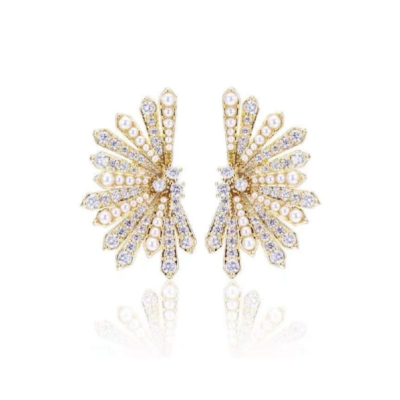A pair of elegant Pearl Fan Shaped Stud Earrings in a gold tone, adorned with white plastic pearls and sparkling crystals.