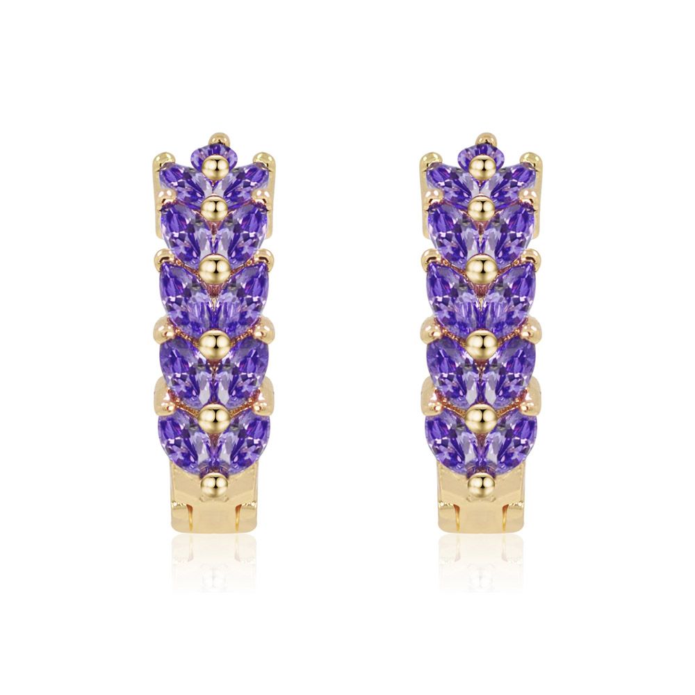 Front view of Huggie Purple Hoops, featuring multiple rows of brilliant AAA quality purple cubic zirconia set in polished gold-plated brass.