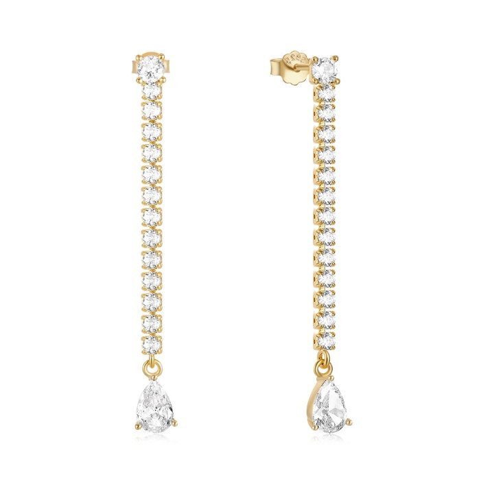 Een paar oorbellen van 925 sterling zilver met een peervormige druppel, voorzien van een gouden plating en een schitterende druppelvormige cubic zirconia hanger.