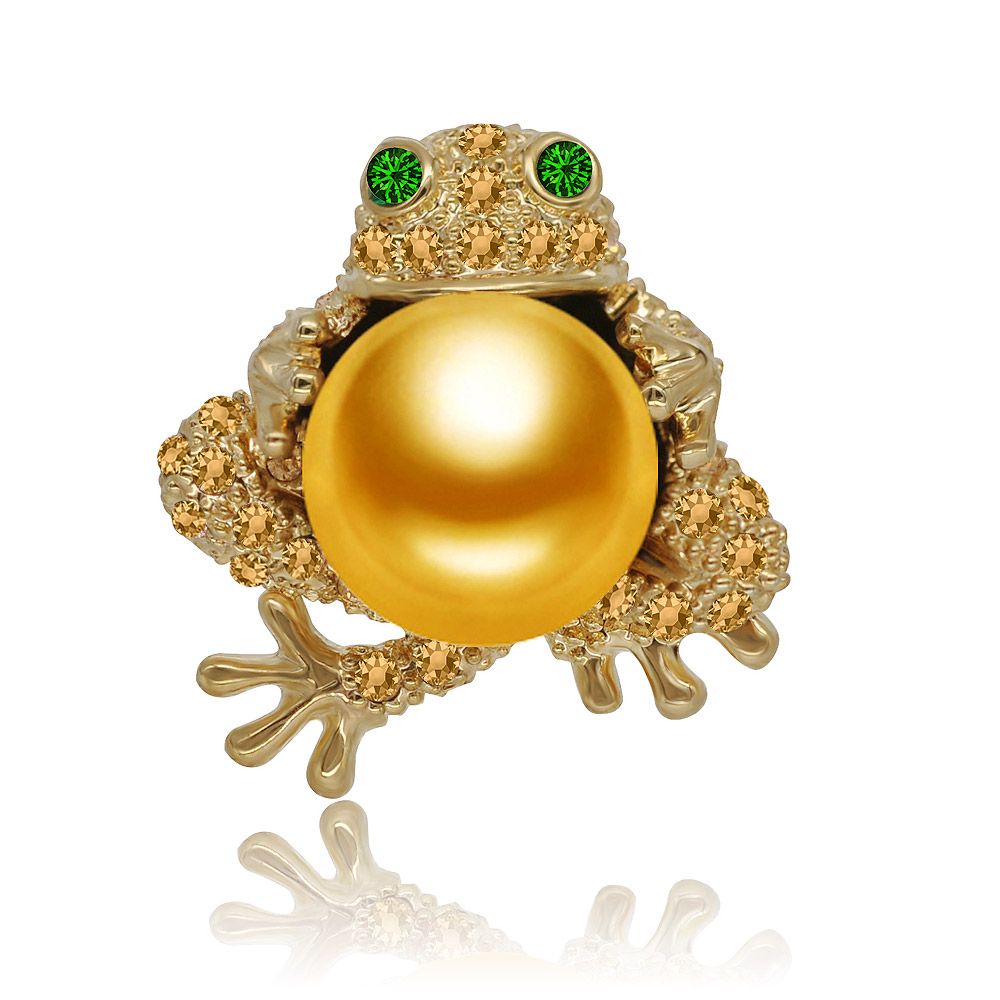A custom-designed gold frog brooch from JR Fashion Accessories, featuring an elegant golden pearl body and sparkling green gemstone eyes, representing our high-quality manufacturing.