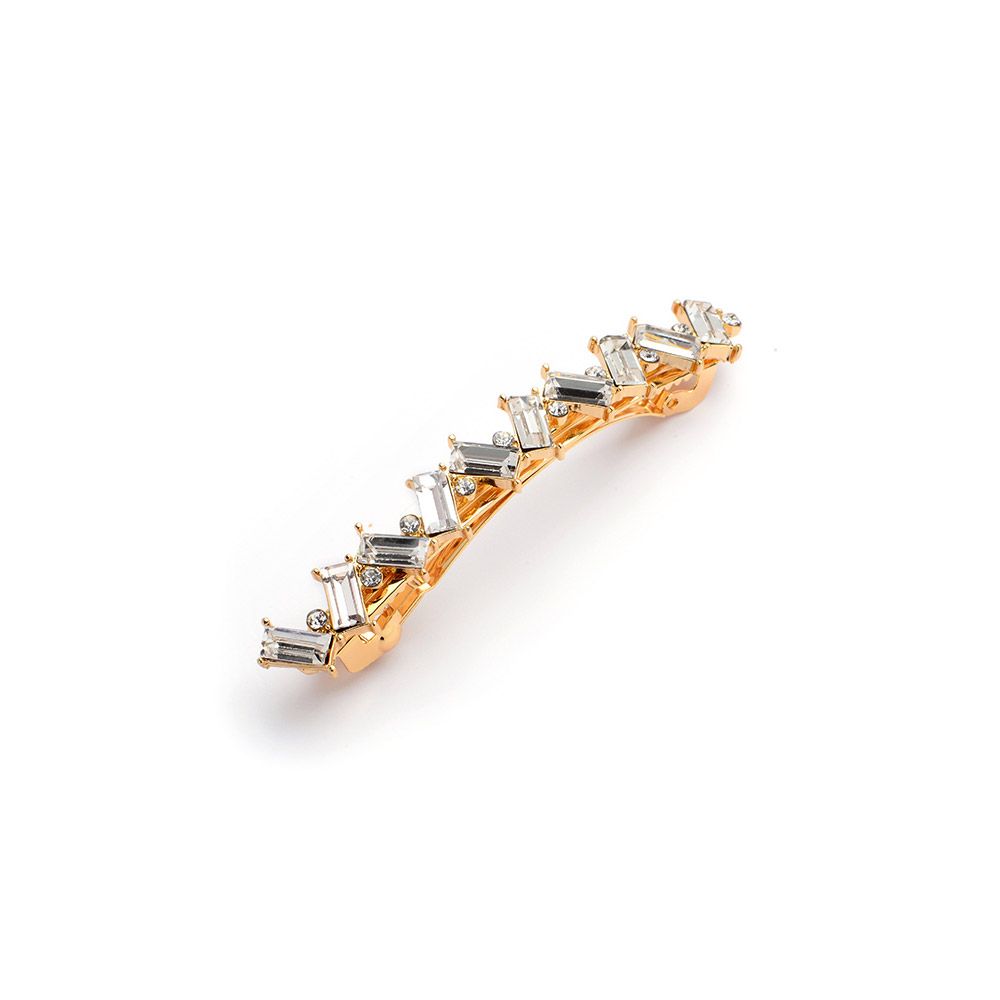 A close-up of the Bridal Rhinestone Hair Barrette Clip in gold, showcasing its intricate mosaic pattern of clear, faceted crystals.