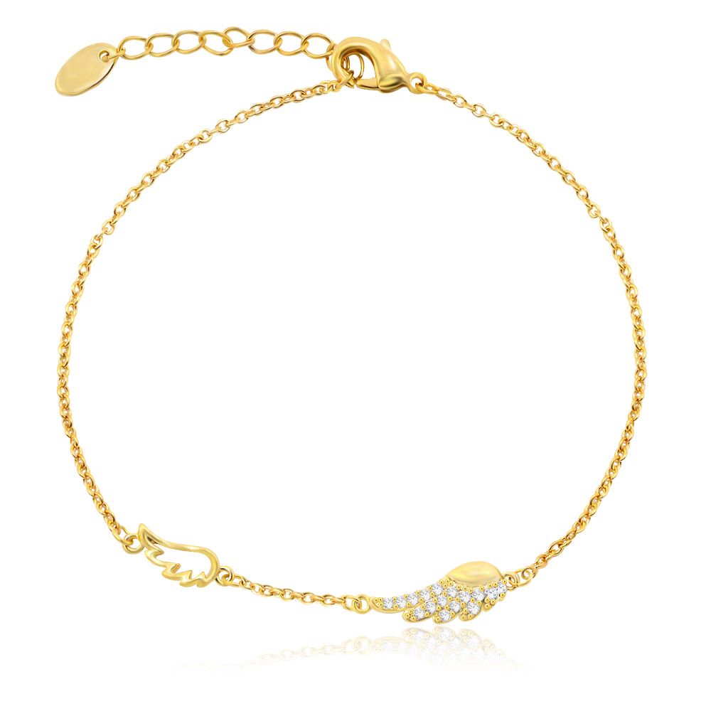 Close-up of the gold-plated Angel Wing charm bracelet, showcasing the detailed wing design and sparkling cubic zirconia stones on a delicate chain.