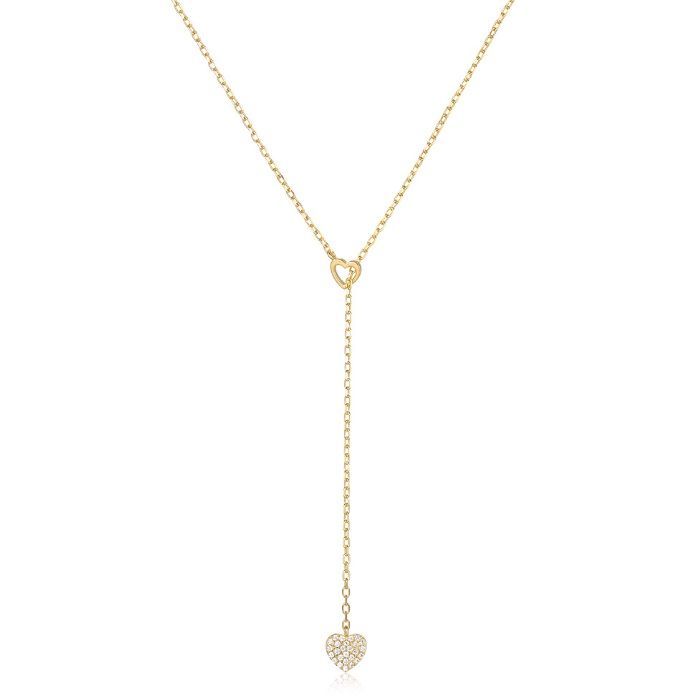 Close-up of the 925 Sterling Silver Dangle Heart Pendant Necklace, showcasing its gold plating and sparkling cubic zirconia stones.