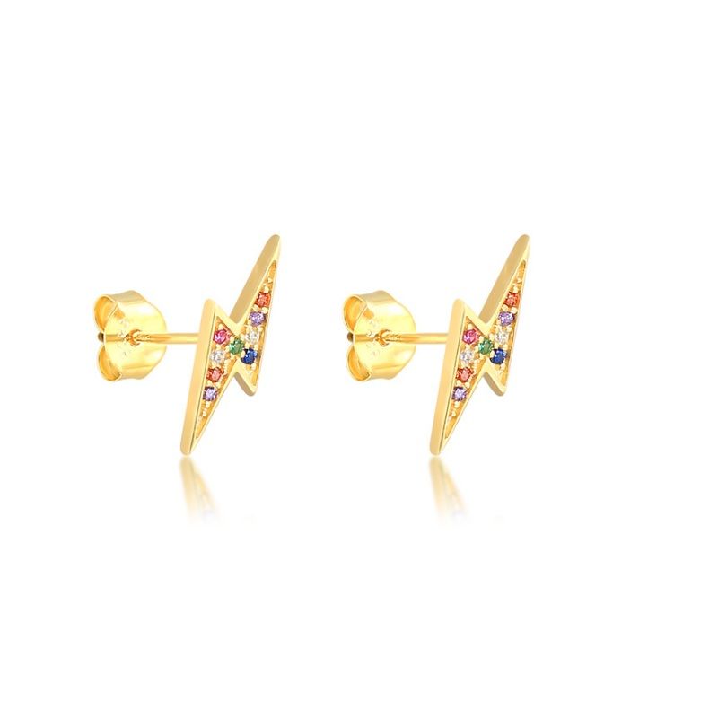 Un paio di orecchini mini a forma di fulmine multicolore in argento sterling 925 con placcatura in oro, caratterizzati da una vivace gamma di gemme in zirconia cubica.
