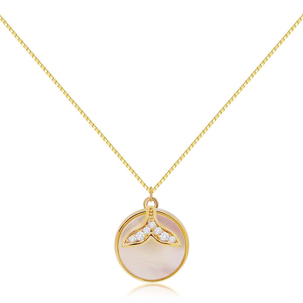 Gold-plated Whale Tail Shell Disc Necklace, showcasing the detailed mermaid tail charm with AAA Cubic Zirconia and the round shell pendant.
