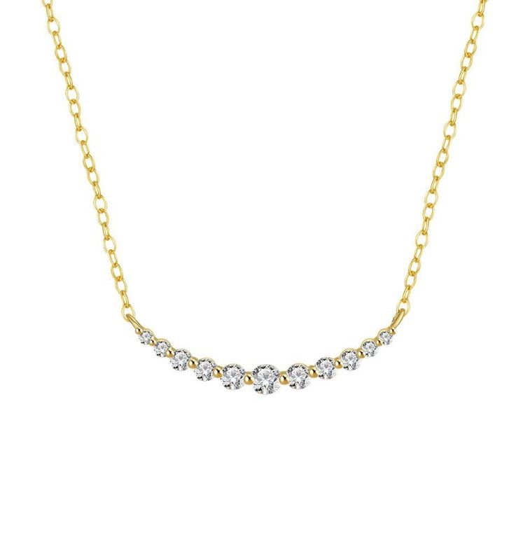 A detailed studio shot of the 925 Sterling Silver CZ Curved Bar Necklace, showcasing its gold plating and the sparkling cubic zirconia stones on the curved bar.
