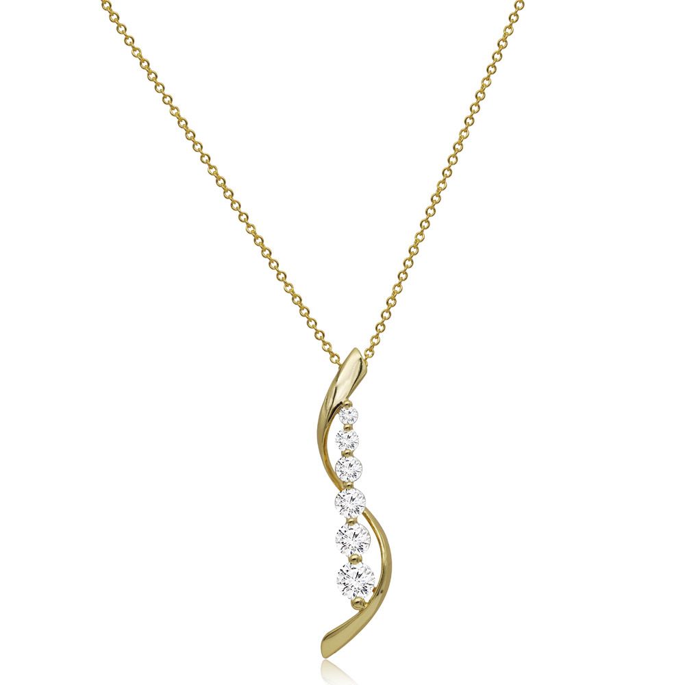 Rhythm Of Love vergulde ketting met een golvende hanger met vijf heldere cubic zirconia edelstenen, weergegeven op een witte achtergrond.