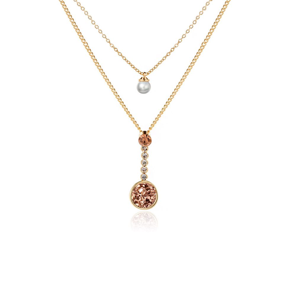 A beautifully crafted handmade layered necklace featuring freshwater pearls and crystal pendants, made from gold-plated brass, perfect for bridal or daily wear.