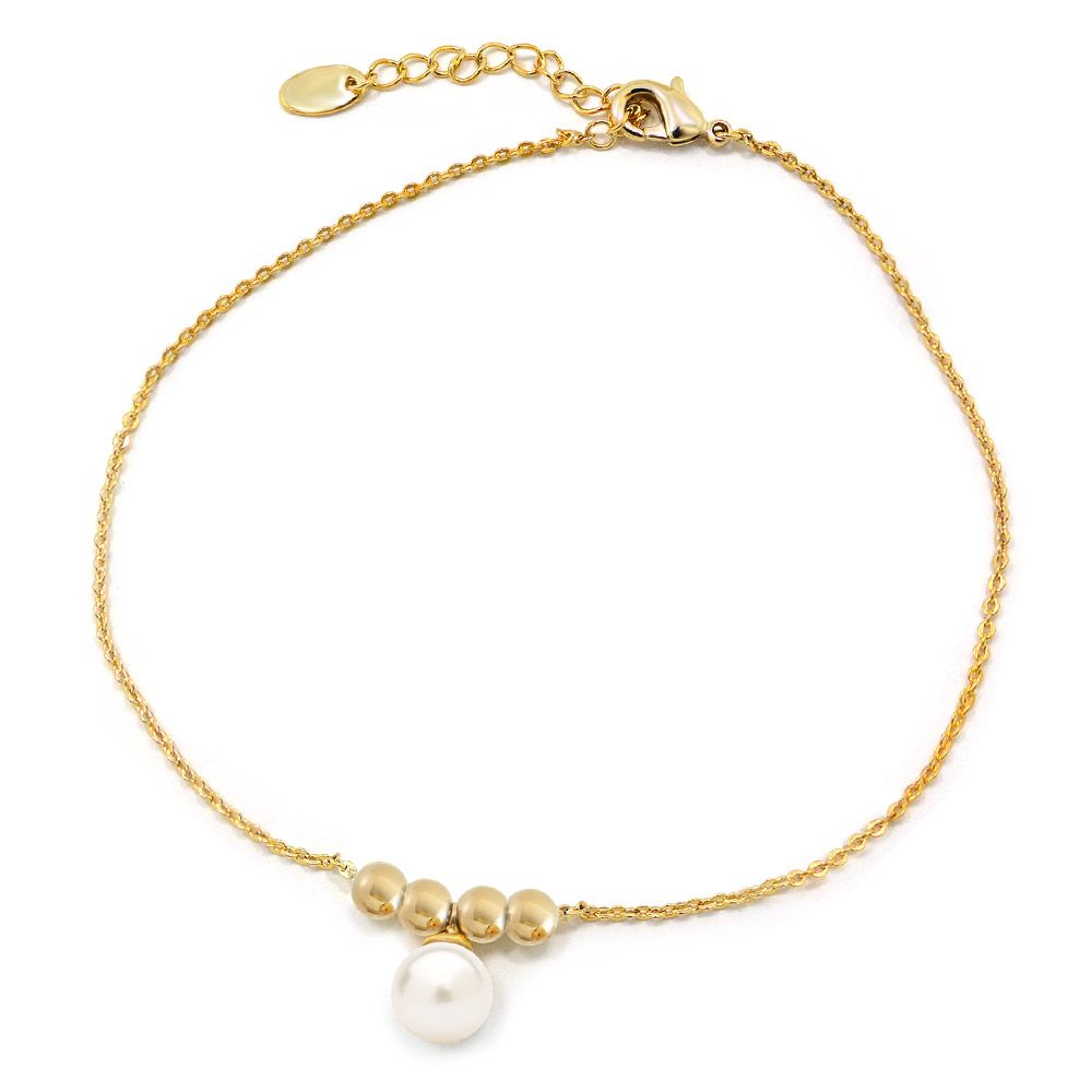 A close-up of the elegant Dangle Pearl Bracelet, showcasing its gold-plated chain and delicate white pearl charms on a neutral background.