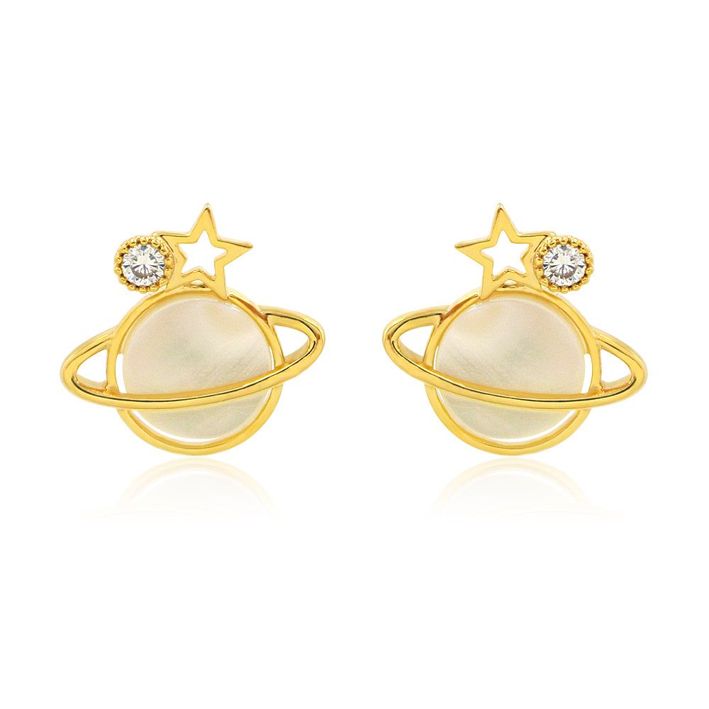 A pair of gold-plated Star Planet Shell Post Earrings, featuring a celestial design with a ringed planet, a star, and a white gemstone on a white background.