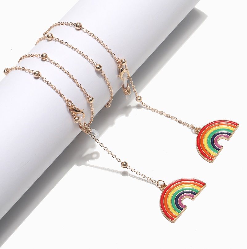 Close-up of the Rainbow LGBT Pride Eyeglass Chain, showing the gold-plated alloy chain and colorful enamel rainbow charms.