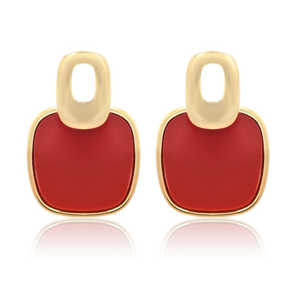 Cubic Square Red Enamel Studs with a modern gold and red design, shown on a white background.