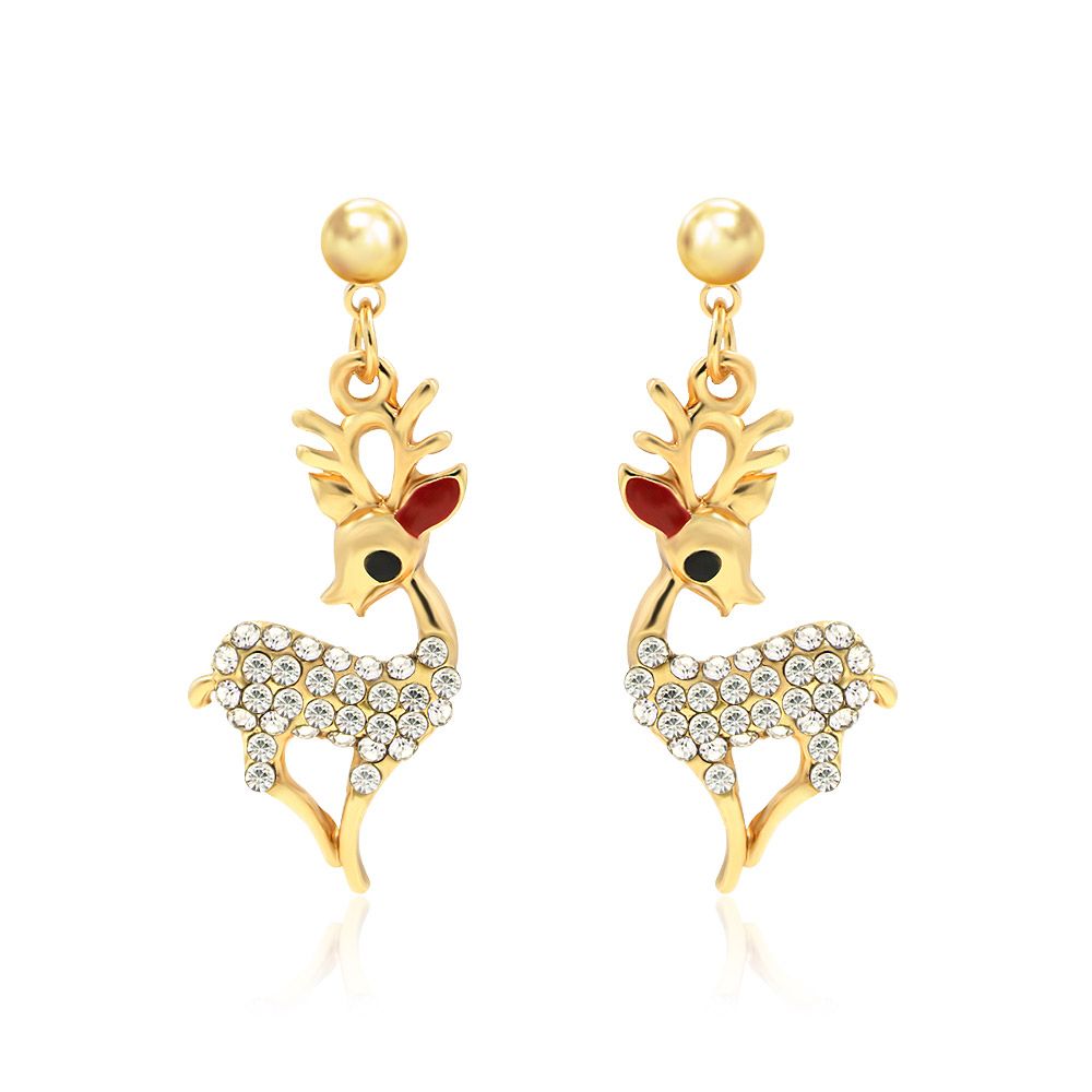 Un par de pendientes festivos de renos Rudolph de Navidad, elaborados en latón chapado en oro y adornados con brillantes cristales checos blancos.