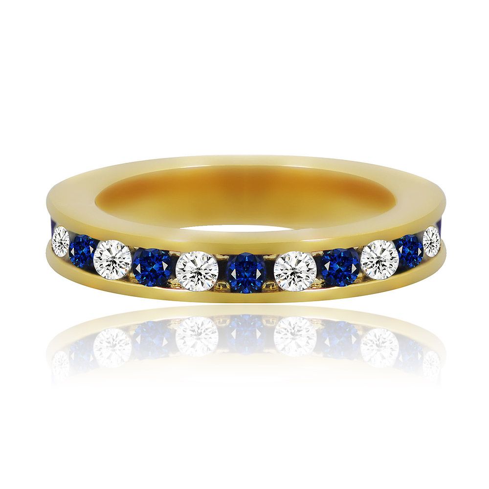 Close-up of the Black N White Eternity Ring, showcasing the alternating black and white cubic zirconia stones set in a gold-plated brass band.