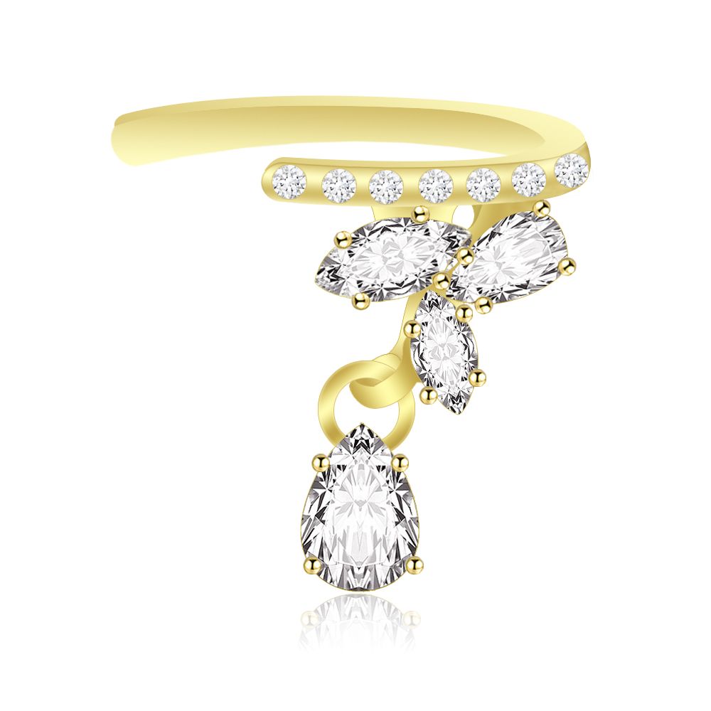 Un primer plano del arete CZ Dangle Ear Cuff en oro, mostrando su intrincado diseño con un grupo de brillantes piedras de zirconia cúbica.