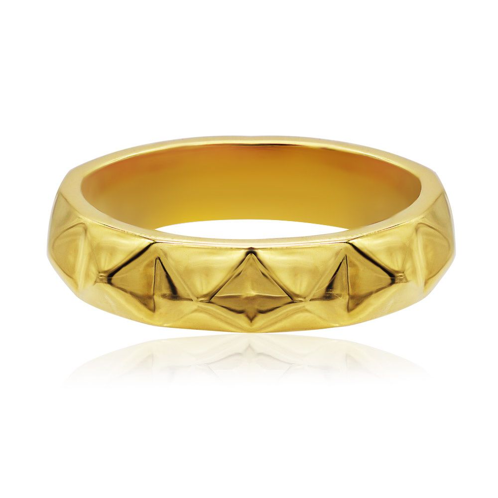 A close-up of the Polished Diamond Cut Gold Ring, showcasing its intricate triangular texture and brilliant gold-plated finish on a white background.