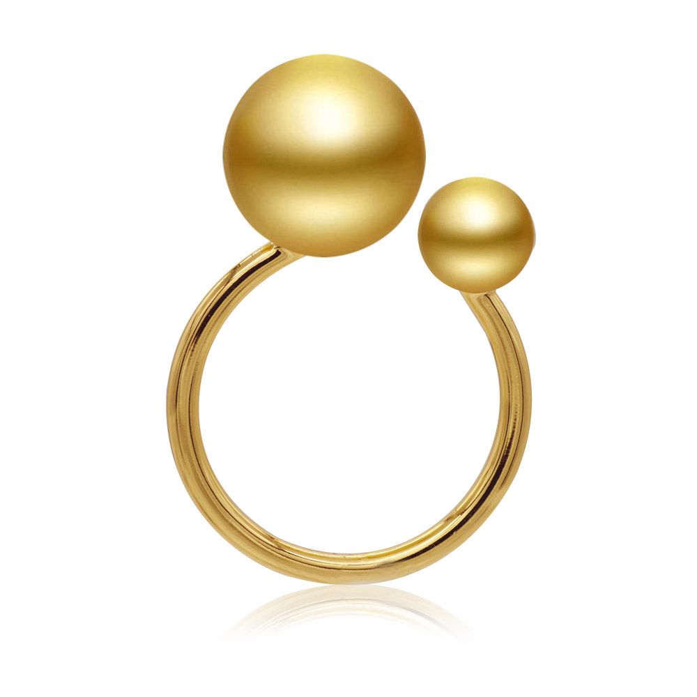 Close-up of the Gold Plated Double Ball Cuff Ring, showcasing its polished finish and unique adjustable design with two spheres.