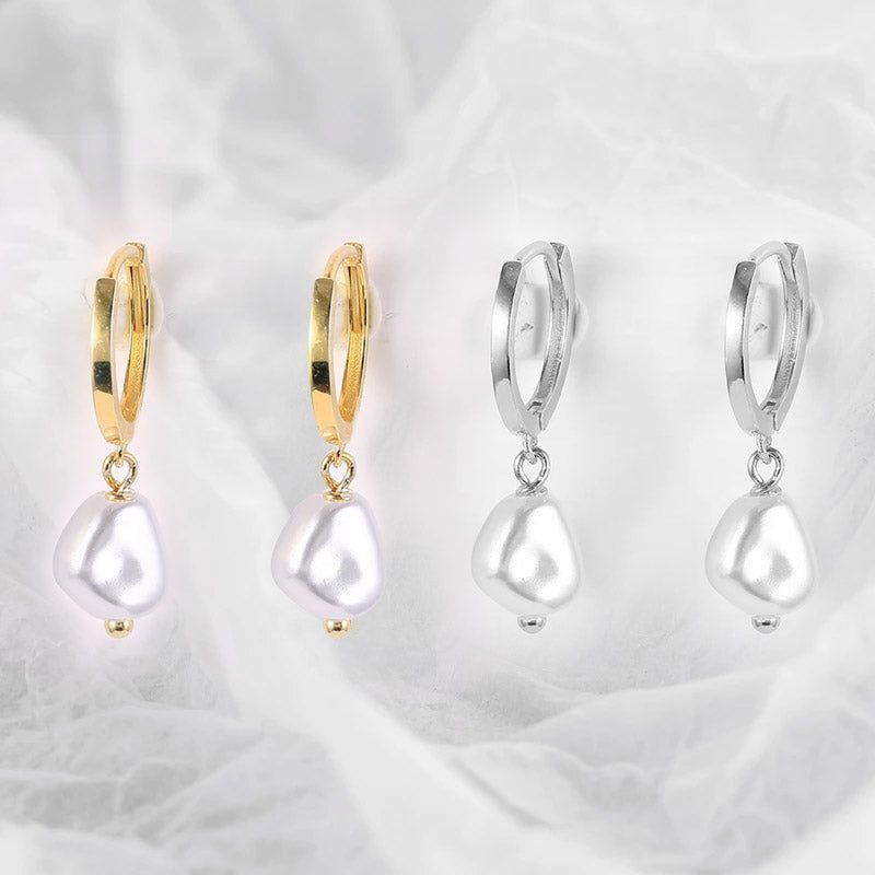Studio shot of 925 sterling silver baroque pearl hoop dangle earrings, showing two pairs in gold and two pairs in silver finish against a white background.