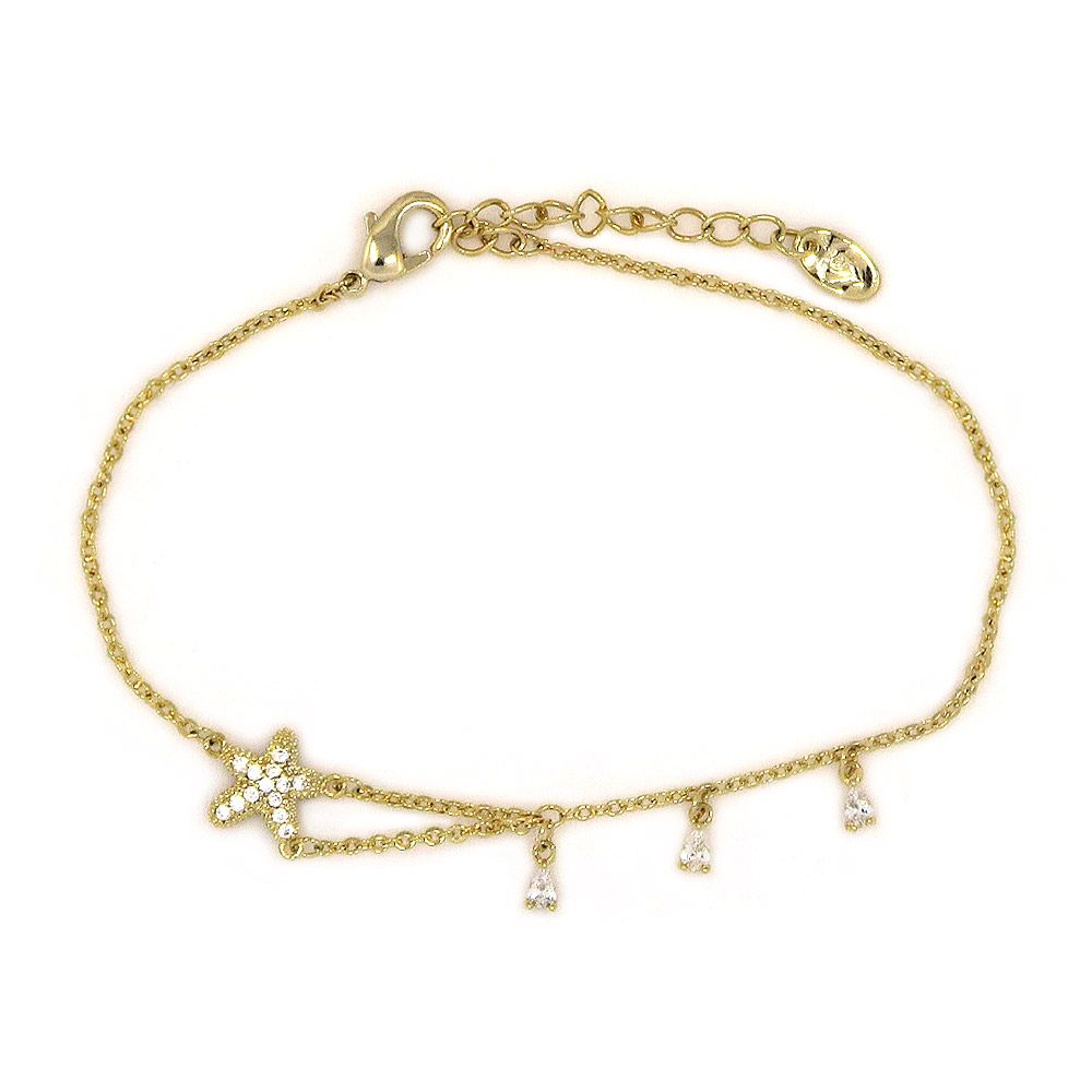 Close-up of the Dainty CZ Starfish Bracelet in gold plating, showcasing the sparkling cubic zirconia paved starfish charm.