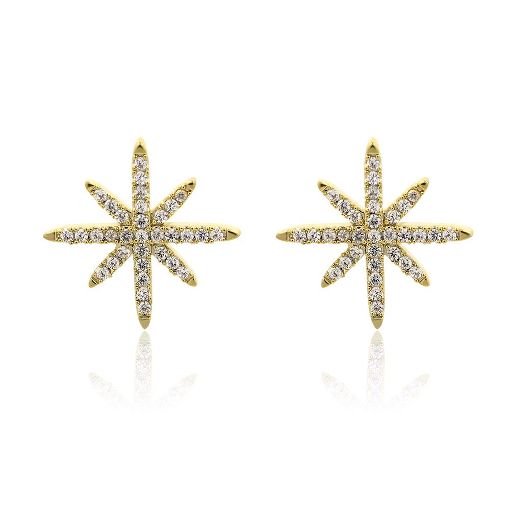A pair of gold Starburst Stud Earrings with sparkling cubic zirconia stones, showcasing their intricate design and gold plating.
