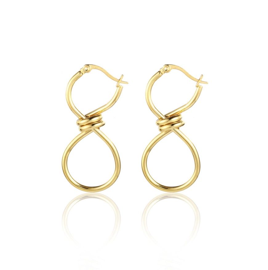 Boucles d'oreilles Infinity en acier inoxydable (JRE-122) avec une finition dorée polie, présentant une forme en goutte d'eau avec un design élégant de symbole infini.